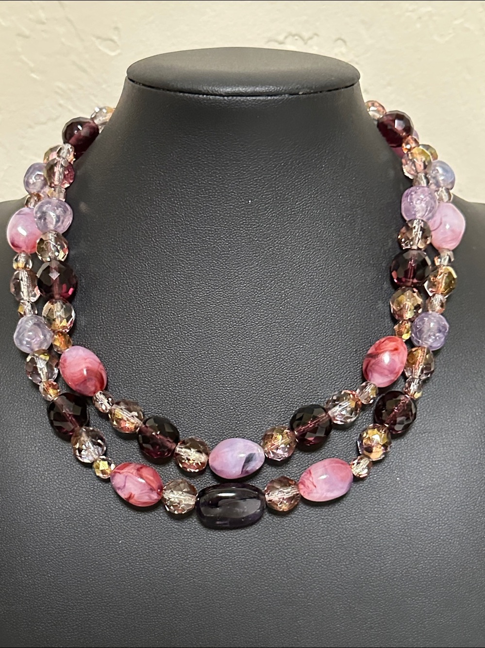 Lucite & Faceted Double Strand Bead Necklace With One Amethyst Stone